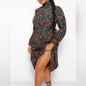 BOOHOO PLUS FLORAL PRINT SMOCK MIDI DRESS